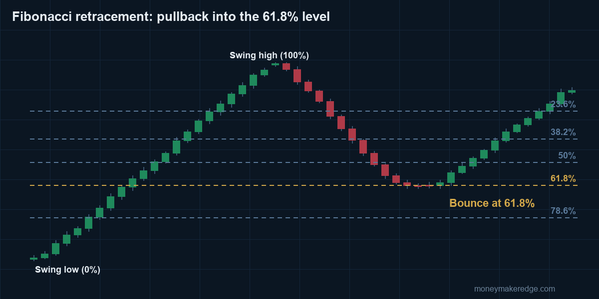 Fibonacci retracement levels drawn on a candlestick chart with a bounce at 61.8%